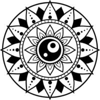 circular, black and white mandala design featuring intricate geometric patterns and floral motifs vector
