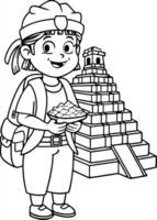 dora the explorer wear uniform with bag on her beck while exploring mayan temple with pile of gold vector