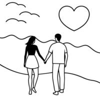a couple walking hand in hand at sunset on a beach, soft waves in the background, with gentle vector