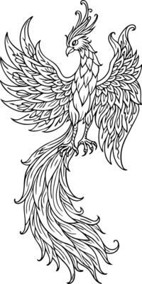 phoenix in the form of russian folk tales, big tail with big feathers, big wings,
