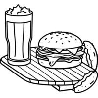a delectable bacon burger with a pint of beer on a rustic wooden table, painted in watercolor, vector