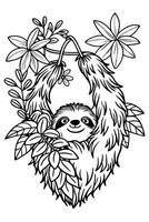 a slow-moving sloth hanging upside down from a tree branch, surrounded by bright jungle flowers, vector