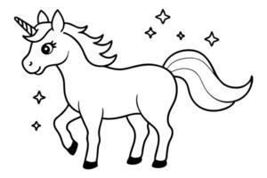 a cute, cartoon-style unicorn with a flowing mane and tail it has a single horn and sparkling stars vector