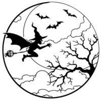 a large, glowing full moon with a silhouette of a witch flying across, illustration line art vector