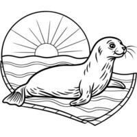 a seal lying on a soft, warm beach towel under a setting sun, illustration line art vector