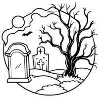 creepy atmosphere in the cemetery with tombstone in the night, fog and trees that live twigs, vector