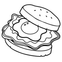 bacon and egg breakfast sandwich in a white kitchen on the table with a runny yolk, vector