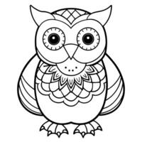 a coloring page of an cute snow owl bird with mandala patterns on its head and body, with no color vector