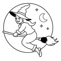 a witch flying on a broomstick with a full moon in the background, illustration line art vector