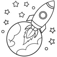 a rocket ship blasting off from earth or landing on the moon, with a trail of stars and planets in vector