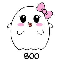 the image shows a cute, cartoon-style ghost with a big pink bow on its head the ghost has a round, vector
