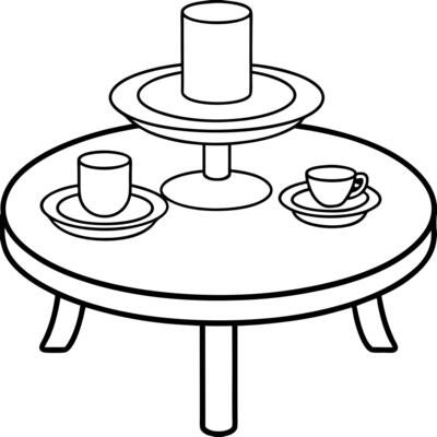 table-with-a-set-of-plates-and-cups-coloring-book-, illustration line art