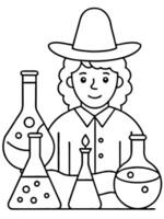 a lab with bottles of colorful potions, spell books, and bubbling flasks, with a young witch or vector