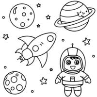 a fun space scene for kids with an astronaut floating in space, a rocket ship flying past planets vector