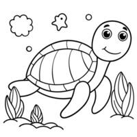 so cute turtle with few sea elements, illustration line art vector