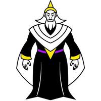 turnaround sheet, of a powerful wizard wearing a purpel and black robe with gold thred from all vector