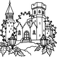 sketch an ancient castle surrounded by mist, with ivy climbing its stone walls and magical lanterns vector
