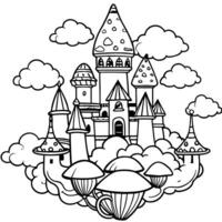 a mushroom castle floating in the clouds, illustration line art vector