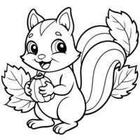 a coloring page only in black and white of chibi squirrel holding a acorn nut next to dead leaves vector
