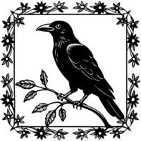 a black-and-white illustration features a crow perched centrally on a branch, facing left with its vector