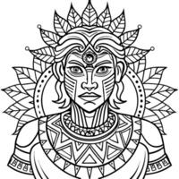 a detailed black and white line drawing of a character surrounded by a mandala pattern the vector