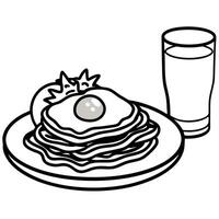 a breakfast plate with pancakes topped with bacon, a sunny-side-up egg, and a side salad with vector