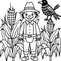 a cheerful scarecrow standing in a field of tall corn, with crows perched nearby, bold and easy for vector
