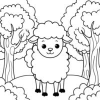 a coloring page, cute sheep in the forest, illustration line art vector