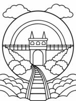 a train passing by rainbow bridge leading to a distant land, illustration line art vector