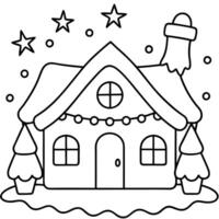 coloring page for kids, bold line art, christmas lights glowing around a snow-covered house, vector