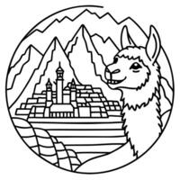 machu picchu with a lama, illustration line art vector