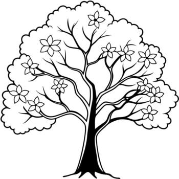 a grand sycamore tree with its textured bark and expansive canopy, adorned with the delicate, vector