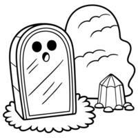 a ghost playing hide-and-seek behind a gravestone, illustration line art vector