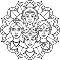 a black and white adult coloring book page featuring four people, intricate mandala-style patterns, vector