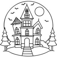 coloring pages halloween a spooky haunted house with a full moon behind it, illustration vector