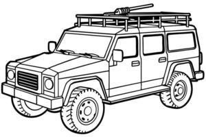 draw a tactical jeep with an empty support plate on its roof, illustration line art vector