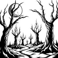 a dark-fantasy landscape with towering, twisted trees and a full moon in the background fantasy vector