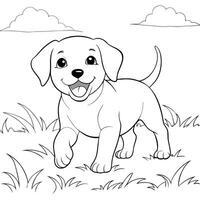 a puppy running happily in the grassland, illustration line art vector