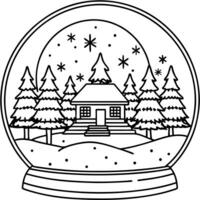 a snow globe with a cozy log cabin and snowy trees, illustration line art vector
