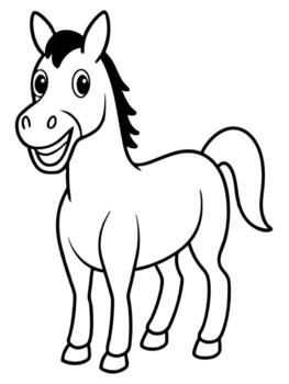 sonriente caballo negrita contorno negro y blanco lleno visible para niños bueno a color, ilustración vector