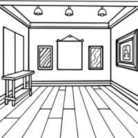 cartoon, the painting room is empty, with a wood floor in the foreground, illustration line vector