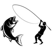 in a dramatic encounter, a fisherman skillfully casts his line, and a colossal fish leaps out of vector