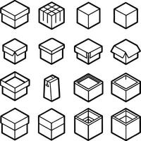 a grid of 16 icons representing various types of boxes and packaging the designs include open and vector