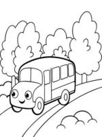 a cheerful school bus with happy faces in the windows, driving along a path lined with trees, vector