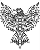 illustrate a mysterious raven with outstretched wings, filled with mandala designs, white vector