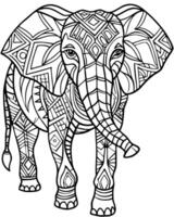 an intricate line art illustration of a elphant walking filled with detailed patterns and vector
