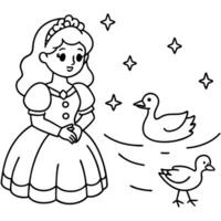 a princess feeding ducks at a sparkling pond, illustration line art vector