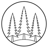 trees conifers on sides inside circular outline, simplistic, minimalistic, black and white, vector