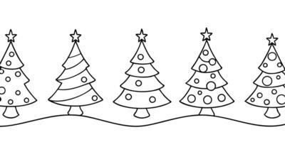 a row of christmas trees and ornaments all sizes, illustration line art vector