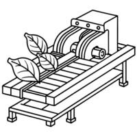freshly sliced bacon and mint leaves on a conveyor belt, surrounded by stainless steel machinery, vector